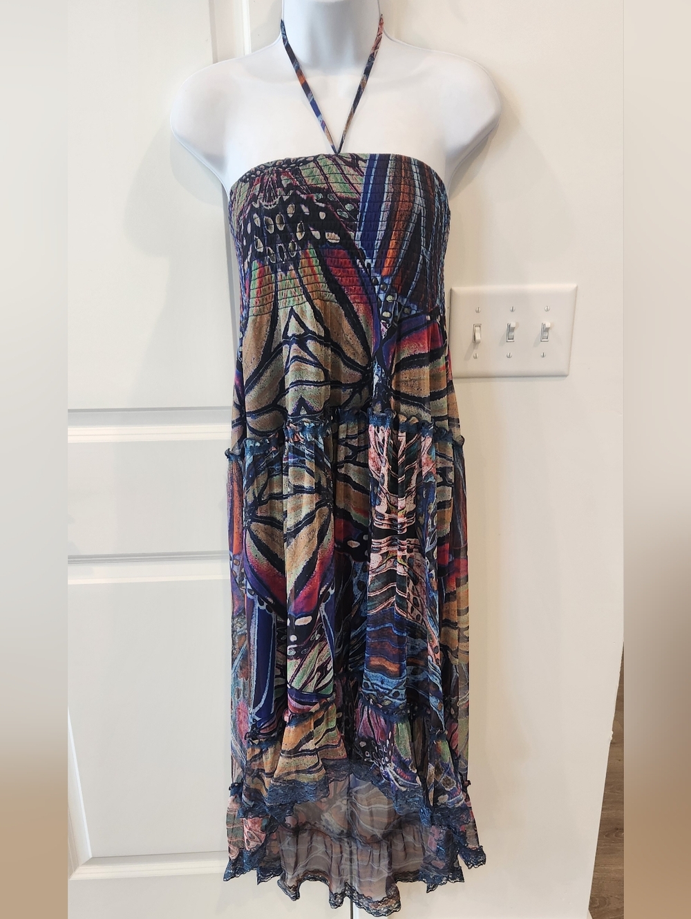 Lapis Strapless Multi-Print Halter Maxi Dress - Blue, Tan, Pink